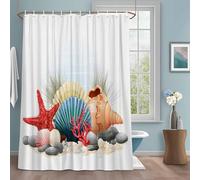 Summer Marine Life Shower Curtain with 12 Hooks Watercolor Red Starfish Ocean Shells Sea Conch Waterproof Fabric Shower Curtains Sets for Bathroom Bath Decorations, Machine Washable, 72"x84"
