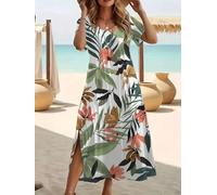 Summer Maxi Dresses for Women Short Sleeve V Neck Split Geometric Print Dress Beach Vacation Sundress