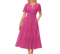 Summer Maxi Dresses for Women UK Elegant Tiered Short Sleeve Eyelet Dress with Pockets Ladies Solid Color Elastic Waist Loose Casual Beach Long Dresses Party Office Work Dress Hot Pink