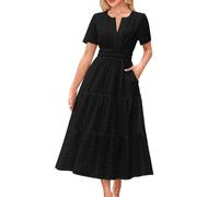 Summer Maxi Dresses for Women UK Elegant Tiered Short Sleeve Eyelet Dress with Pockets Ladies Solid Color Elastic Waist Loose Casual Beach Long Dresses Party Office Work Dress Black