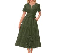 Summer Maxi Dresses for Women UK Elegant Tiered Short Sleeve Eyelet Dress with Pockets Ladies Solid Color Elastic Waist Loose Casual Beach Long Dresses Party Office Work Dress Army Green