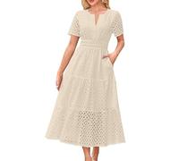 Summer Maxi Dresses for Women UK Elegant Tiered Short Sleeve Eyelet Dress with Pockets Ladies Solid Color Elastic Waist Loose Casual Beach Long Dresses Party Office Work Dress Beige
