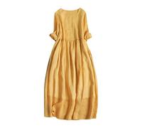 Summer Maxi Dresses for Women UK Italian Linen Dresses Solid Tunic Dresses Long Sleeve Round Neck Casual Dresses Elegant Baggy Pullover Dresses Party Work Dresses Clearance Yellow