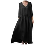 Summer Maxi Dresses for Women UK Plus Size Italian Linen Dresses Solid Pleated Tunic Dresses Long Sleeve V Neck Casual Dresses Elegant Baggy Pullover Dresses with Pocket Party Dresses Black