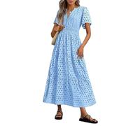 Summer Maxi Dresses for Women UK Wedding Guest Dress Short Sleeve Casual Boho V Neck Hollow Out Eyelet Ruffle Swing A Line Cotton Long Flowy Beach Vacation Evening Dresses Light Blue