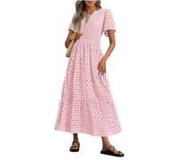 Summer Maxi Dresses for Women UK Wedding Guest Dress Short Sleeve Casual Boho V Neck Hollow Out Eyelet Ruffle Swing A Line Cotton Long Flowy Beach Vacation Evening Dresses Pink