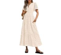 Summer Maxi Dresses for Women UK Wedding Guest Dress Short Sleeve Casual Boho V Neck Hollow Out Eyelet Ruffle Swing A Line Cotton Long Flowy Beach Vacation Evening Dresses Beige