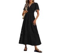 Summer Maxi Dresses for Women UK Wedding Guest Dress Short Sleeve Casual Boho V Neck Hollow Out Eyelet Ruffle Swing A Line Cotton Long Flowy Beach Vacation Evening Dresses Black