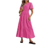 Summer Maxi Dresses for Women UK Wedding Guest Dress Short Sleeve Casual Boho V Neck Hollow Out Eyelet Ruffle Swing A Line Cotton Long Flowy Beach Vacation Evening Dresses Hot Pink
