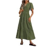 Summer Maxi Dresses for Women UK Wedding Guest Dress Short Sleeve Casual Boho V Neck Hollow Out Eyelet Ruffle Swing A Line Cotton Long Flowy Beach Vacation Evening Dresses Army Green