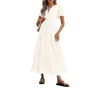 Summer Maxi Dresses for Women UK Wedding Guest Dress Short Sleeve Casual Boho V Neck Hollow Out Eyelet Ruffle Swing A Line Cotton Long Flowy Beach Vacation Evening Dresses White