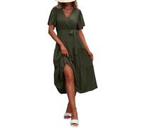 Summer Maxi Dresses for Women Uk - Wrap V Neck Flutter Short Sleeve Boho Casual Flowy Long Wedding Guest Dress Beach Long Sundress Travel Vacation Clothes Size 10 12 14 16 18 20,Army Green,XXL,u406k