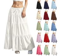 Summer Maxi Skirts for Women UK Elasticated Waist White Gypsy Skirt A-Line Knee Length Boho Skirts Elegant Swing Pencil Tiered Skirt for Wedding Guest Work Beach Holiday Cocktail Party