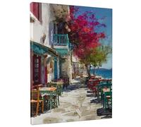 Summer Mediterranean Street Scene Canvas Wall Art, Peach Green Bougainvillea Outdoor Decor, Artistic Wall Decor for Living Room, Bedroom, Cafe, Restaurant, Wrapped Canvas 16x20 Inch