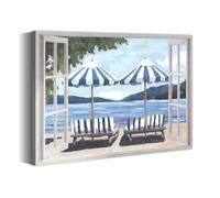 summer melody Retreat Beach Canvas Wall Art - Blue Ocean Window Picture Coastal Scene Artwork Lounge Chair & Umbrella Painting for Living Room Bedroom