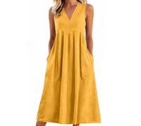 Summer Midi Dresses for Women UK Loose Fit Casual V Neck Sleeveless Vest Dresses Comfy Solid Color Pleated Dress with Pockets Ladies Travel Outfits