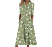 Summer Midi Dresses for Women UK Short Sleeve V Neck Button Vintage Floral Dress Casual Loose Fit Long Dresses with Pockets Comfy Lounge Beach Holiday Dress Plus Size Elegant Sundress
