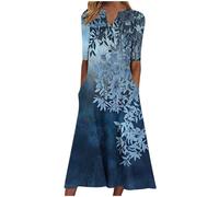 Summer Midi Dresses for Women UK Short Sleeve V Neck Button Vintage Floral Dress Casual Loose Fit Long Dresses with Pockets Comfy Lounge Beach Holiday Dress Plus Size Elegant Sundress