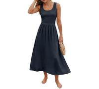 Summer Midi Dresses for Women UK Sleeveless Casual Round Neck Plain A-Line Long Dress Ladies Flowy Empire Waist Loose Fit Holiday Beach Swing Sundress UK Size 8 10 12 14 16 18,Navy,L,u129k