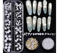 Summer Nail Art Charm Set, 3Boxes 3D Ocean Theme Nail Jewelry White Resin Charm Beach Starfish Conch Seashell Seahorse Rhinestones Pearl Beads Nail Decorations DIY Craft Nail Supplies Manicure Gems