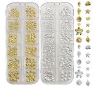 Summer Nail Charms,2Boxes 24Grids Metal 3D Nail Studs Rhinestones,Small Seashell Starfish Conch Seahorse Nail Rivets for Ocean Beach DIY Crafts Manicure Decoration