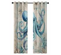 Summer Nautical Blackout Curtains for Bedroom Living Room, Teal Octopus Ocean Corals Compass Retro Brown 84 In Long Thermal Insulated Room Darkening Drapes Grommet Window Treatments, 42 x 84 In