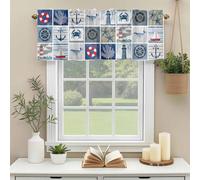 Summer Nautical Valances for Windows, Blue Anchor Lighthouse Crab Whale Patchwork Rod Pocket Valance Short Window Treatments Curtains for Kitchen Bathroom Bedroom Decor, 60 x 18 Inches