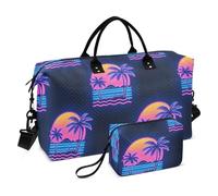 Summer Neon Coconut Tree Sunset Decorative Large Carry On Airport Bag Sports Gym Bag with Adjustable Strap for Hiking 2 Pcs Set bolso de para Hombre