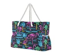 Summer Neon Flamingo Coconut Tree Sandproof Zipper Tote Bag with side pocketes Work Tote Bag with cup holders on the side