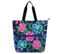 Summer Neon Hibiscus Frangipani Flower Book Bag Art Tote Bag for Kids Adults, Gothic Sturdy Girls Resuable Shopping Bag Handbag with Zipper for College Shopping Beach Rainbow school
