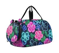 Summer Neon Hibiscus Frangipani Flower Boy's Gym Duffel Bag with Shoes Compartment Large Capacity Weekender Overnight Bags for Beach Swim Bags Pool Sports