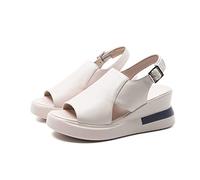 Summer New Orthopedic Sandal, Casual Women's Fish Mouth High Heel Sandals, Soft Leather Wedge Open Toe Sandals Breathable Platform Shoes Adjustable (Beige 41 EU)