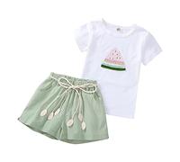 Summer New Watermelon Printed T Shirt Solid Color Tie Shorts Medium and Big Girls Fashion Casual Suit Outfit Girl (Green, 9-11 Years)
