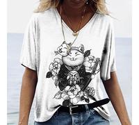 Summer New Women V-neck Top Short Sleeve T-shirt 3D Lucky Cat Print Casual Lovely Harajuku Versatile Y2K Clothes-WVLDXM211-0092,M