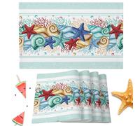 Summer Ocean Beach Teal Placemats Set of 6 Washable Table Mats for Kitchen Dining Table, Heat-Resistant Cotton Linen Place Mats for Indoor Outdoor Parties Holiday Decoration, Starfish Shells Coral