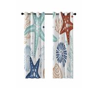 Summer Ocean Blackout Curtains for Bedroom Living Room, Navy Blue and Red Coral Starfish Seashells 72 In Long Thermal Insulated Room Darkening Drapes Grommet Window Treatments, 52 x 72 In