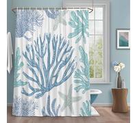 Summer Ocean Life Shower Curtain with 12 Hooks Marine Starfish Coral Lines Simple Art Waterproof Fabric Shower Curtains Sets for Bathroom Bath Decorations, Machine Washable, 72"x96"
