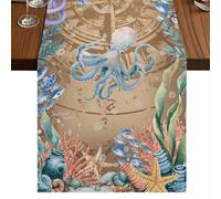 Summer Ocean Octopus Table Runner, Nautical Colorful Sea Fish Coral Starfish Compass Cotton and Table Linen Runner for Kitchen Dining Home Decor for Party Festival Holiday Decoration Gift 18x72in
