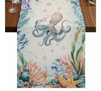 Summer Ocean Octopus Table Runner, Nautical Colorful Sea Fish Coral Starfish Linen Cotton and Table Linen Runner for Kitchen Dining Home Decor for Party Festival Holiday Decoration Gift 13x90in