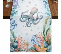 Summer Ocean Octopus Table Runner, Nautical Colorful Sea Fish Coral Starfish Seashell Cotton and Table Linen Runner for Kitchen Dining Home Decor for Party Festival Holiday Decoration Gift 13x48in