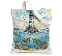 Summer Ocean Sea Turtle Canvas Tote Bag for Shopping 13x15, Cool Nautical Coastal Sealife Reusable Grocery Print Pattern Bag for Women, Underwater Aesthetic Painting Gift Decor