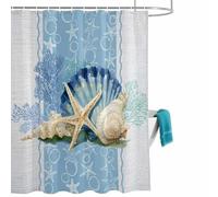 Summer Ocean Seashell Shower Curtain for Bathroom, Blue Sea Shell Starfish Coral Linen Waterproof Cloth Fabric Bathroom Accessories Set with 12 Rust Proof Plastic Hooks, 72” x 78”