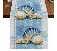 Summer Ocean Seashell Table Runner, Blue Sea Shell Starfish Coral Linen Cotton and Table Linen Runner for Kitchen Dining Home Decor for Party Festival Holiday Decoration Gift 13x70in
