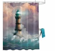 Summer Ocean Shower Curtain for Bathroom, Brown Bright Lighthouse Sea Wave White Spray Seascape Waterproof Cloth Fabric Bathroom Accessories Set with 12 Rust Proof Plastic Hooks, 60” x 72”