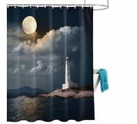 Summer Ocean Shower Curtain for Bathroom, White Lighthouse Bright Moon Coastal Landscape Waterproof Cloth Fabric Bathroom Accessories Set with 12 Rust Proof Plastic Hooks, 72” x 78”