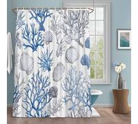 Summer Ocean Shower Curtain with 12 Hooks Blue Grey Coral Shell Marine Life Coastal Waterproof Fabric Shower Curtains Sets for Bathroom Bath Decorations, Machine Washable, 72"x72"
