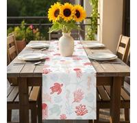 Summer Ocean Table Runner 13x72 inch Creature Sea Turtle Coral and Shell Red Cotton Linen Dining Table Runner Ideal for Dresser Kitchen Coffee Tables - Machine Washable