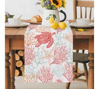 Summer Ocean Table Runner 13x90 Inches Long Red and Blue Coral and Turtle Cotton Linen Table Runner Burlap Style for Dinner Table Party Decor Tabletop Decorations