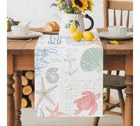 Summer Ocean Table Runner 14x72 Inches Long Colorful Coral Starfish Seashells Turtle Anchor Seaweed Cotton Linen Table Runner Burlap Style for Dinner Table Party Decor Tabletop Decorations