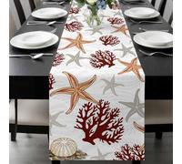 Summer Ocean Table Runner 18x72 Inches Long Grey Starfish Brown Red Coral Marine Life Cotton Linen Table Runner Burlap Style for Dinner Table Party Decor Tabletop Decorations